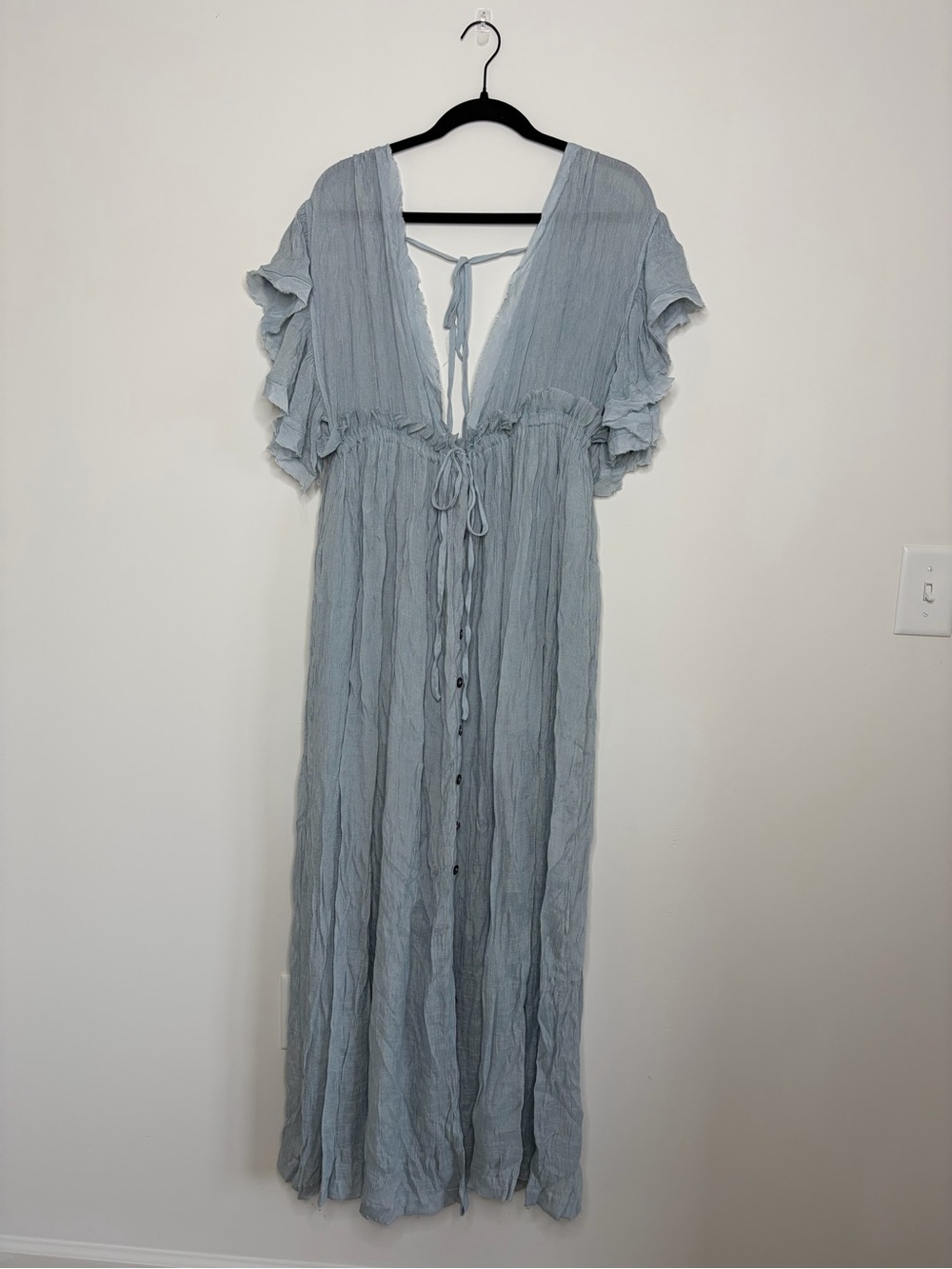 Dusty Blue Maxi Dress with Ruffle Sleeves and Tie Waist
